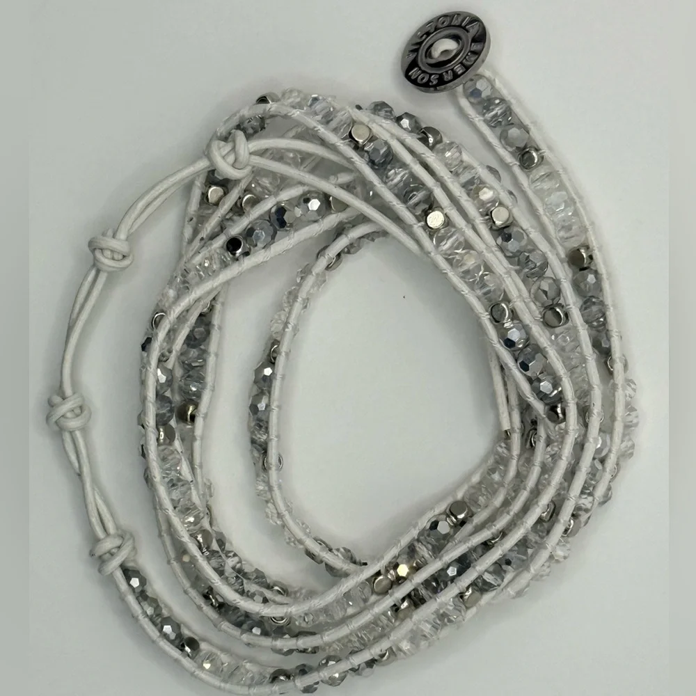 Victoria Emerson 5‑Wrap Bracelet – Iridescent Silver & Clear Crystals White Cord